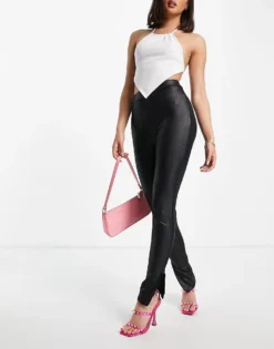 Missyempire High Waist Leather Look Split Detail Trouser In Black For Women
