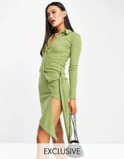 Missyempire Exclusive Drape Front Shirt Dress In Olive For Women -Missyempire Sales Store 200864869 1 olive 1