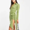 Missyempire Exclusive Drape Front Shirt Dress In Olive For Women