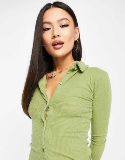 Missyempire Exclusive Drape Front Shirt Dress In Olive For Women -Missyempire Sales Store 200864869 3