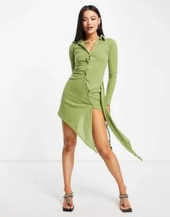 Missyempire Exclusive Drape Front Shirt Dress In Olive For Women -Missyempire Sales Store 200864869 4