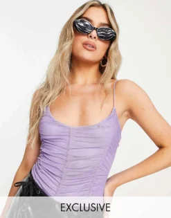 Missyempire Exclusive Mesh Ruching Strappy Body In Lilac For Women Lavender -Missyempire Sales Store 201716239 1 lavender 1