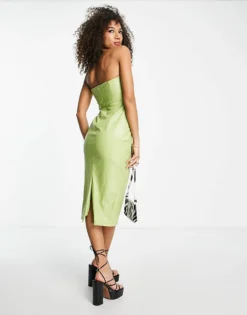 Missyempire Leather Look Bandeau Midi Dress In Lime For Women -Missyempire Sales Store 201802173 4