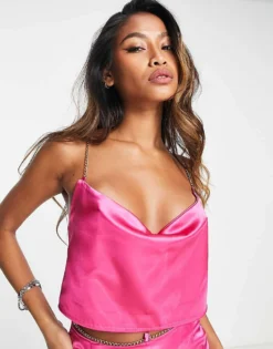 Missyempire X Emily Faye Miller Satin Top With Chain Detail Co-ord In Pink For Women Bright Pink