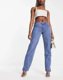 Missyempire Low Rise Split Leg Jeans In Blue For Women