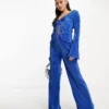 Missyempire Plisse Wide Leg Trouser Co-ord In Blue For Women