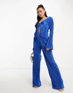 Missyempire Plisse Wide Leg Trouser Co-ord In Blue For Women