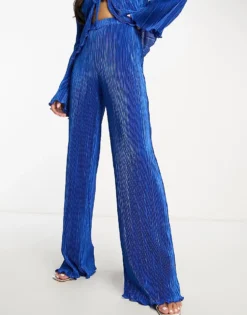 Missyempire Plisse Wide Leg Trouser Co-ord In Blue For Women -Missyempire Sales Store 204259137 3
