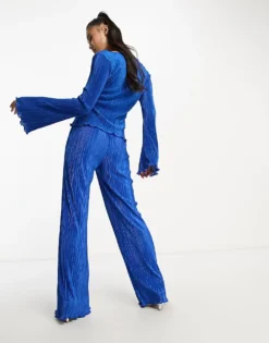 Missyempire Plisse Wide Leg Trouser Co-ord In Blue For Women -Missyempire Sales Store 204259137 4