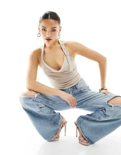 Missyempire Slinky Halterneck Buckle Detail Top In Silver For Women