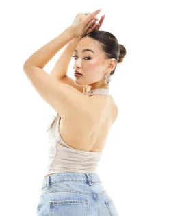 Missyempire Slinky Halterneck Buckle Detail Top In Silver For Women -Missyempire Sales Store 205524335 3