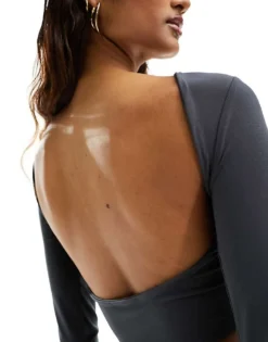Missyempire Slinky Low Back Long Sleeve Top In Charcoal For Women Grey -Missyempire Sales Store 205849102 3