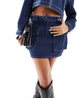 Missyempire Cargo Pocket Detail Mini Denim Skirt Co-ord In Indigo For Women -Missyempire Sales Store 205849774 2