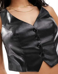 Missyempire Leather Look Cropped Waistcoat In Black For Women -Missyempire Sales Store 205850266 4