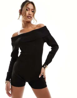 Missyempire Bardot Knitted Playsuit In Black For Women -Missyempire Sales Store 206049343 4