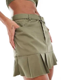Missyempire Pleated Hem Mini Skirt Co-ord In Khaki For Women -Missyempire Sales Store 206049370 3