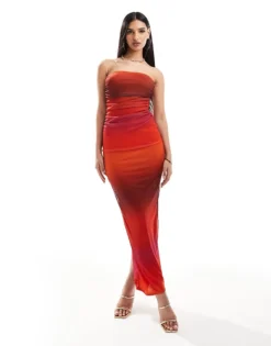 Missyempire Exclusive Bandeau Mesh Ruched Maxi Dress In Orange Ombre For Women -Missyempire Sales Store 206049469 1 orangeombre 1