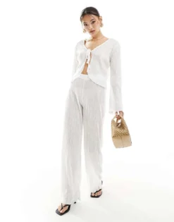 Missyempire Exclusive Semi Sheer Plisse Tie Front Top And Trouser Co-ord In Whit -Missyempire Sales Store 206052568 1 white