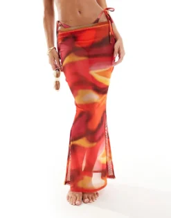 Missyempire Mesh Maxi Beach Skirt Co-ord In Orange Ombre For Women Orange Multi -Missyempire Sales Store 206052699 5