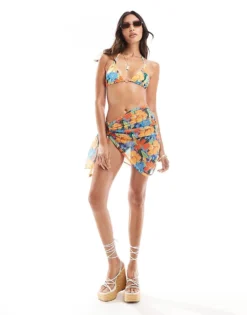 Missyempire Exclusive Mesh Tie Side Sarong Co-ord In Orange Floral For Women Floral Print