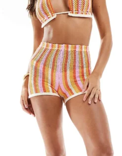 Missyempire Crochet Bralette Top And Short Co-ord In Pink Stripe -Missyempire Sales Store 206053848 1 pinkstripe