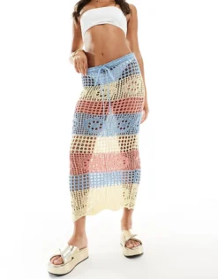 Missyempire Crochet Maxi Beach Skirt In Pastel Stripe For Women Multi Stripe -Missyempire Sales Store 206053872 1 multistripe 1