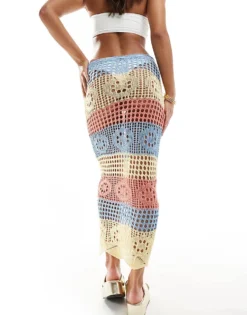 Missyempire Crochet Maxi Beach Skirt In Pastel Stripe For Women Multi Stripe -Missyempire Sales Store 206053872 5