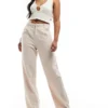 Missyempire Tailored Linen Look Wide Leg Trousers In Beige For Women