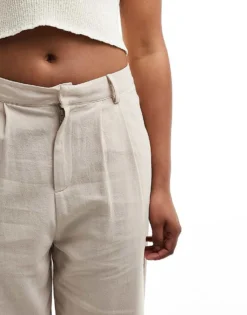 Missyempire Tailored Linen Look Wide Leg Trousers In Beige For Women -Missyempire Sales Store 206054183 3