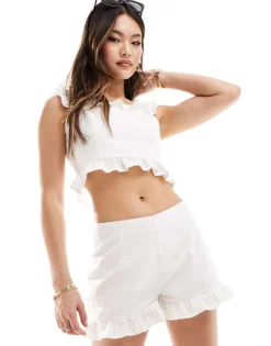 Missyempire Crop Top And Short With Ruffle Trim Co-ord In White -Missyempire Sales Store 206054400 1 white 1