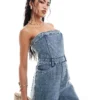 Missyempire Bandeau Denim Jumpsuit In Bleach Wash For Women