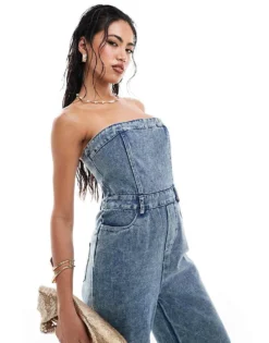 Missyempire Bandeau Denim Jumpsuit In Bleach Wash For Women