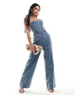 Missyempire Bandeau Denim Jumpsuit In Bleach Wash For Women -Missyempire Sales Store 206055217 3