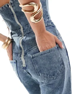 Missyempire Bandeau Denim Jumpsuit In Bleach Wash For Women -Missyempire Sales Store 206055217 4