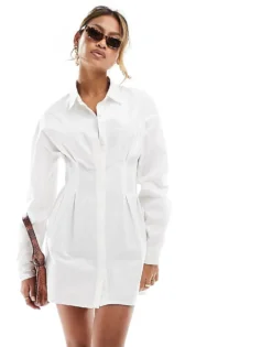 Missyempire Cinched Waist Mini Shirt Dress In White For Women -Missyempire Sales Store 206055251 1 white 1