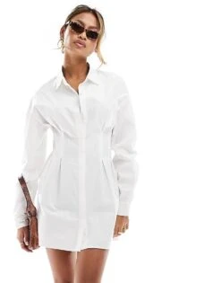 Missyempire Cinched Waist Mini Shirt Dress In White For Women