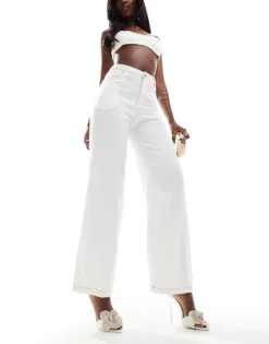 Missyempire Denim Bralette Top And Wide Leg Jeans Co-ord In White -Missyempire Sales Store 206055339 1 white