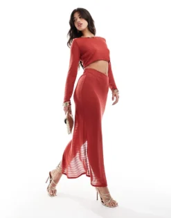 Missyempire Exclusive Cropped Long Sleeve Beach Top And Skirt Co-ord In Rust -Missyempire Sales Store 206055437 1 rust 1