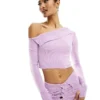 Missyempire Knitted Asymmetric Long Sleeve Top Co-ord In Lilac For Women