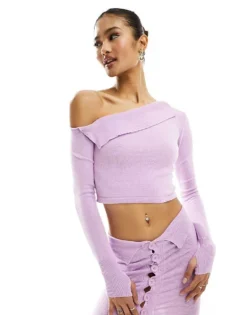 Missyempire Knitted Asymmetric Long Sleeve Top Co-ord In Lilac For Women