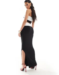Missyempire Exclusive Slinky Contrast Column Maxi Skirt Co-ord In Monochrome For Women -Missyempire Sales Store 206278709 3
