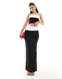 Missyempire Exclusive Slinky Contrast Column Maxi Skirt Co-ord In Monochrome For Women -Missyempire Sales Store 206278709 5