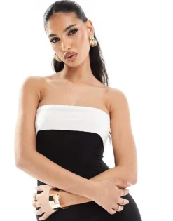 Missyempire Exclusive Slinky Bandeau Maxi Dress In Black And White For Women Mono -Missyempire Sales Store 206278738 3