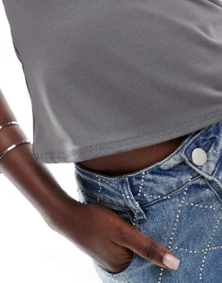 Missyempire Slinky Racer Neck Top In Charcoal For Women Charcoal Grey -Missyempire Sales Store 206279480 3