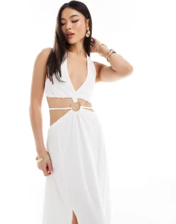 Missyempire Ring Detail Cut Out Halterneck Maxi Dress In White For Women -Missyempire Sales Store 206289592 3