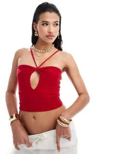 Missyempire Cut Out Halterneck Crop Top In Red For Women