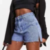 Missyempire Denim Side Split Shorts In Blue For Women