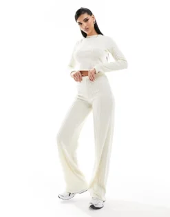 Missyempire Ribbed Open Tie Back Top And Trousers Co-ord In Cream