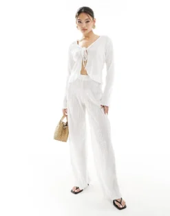 Missyempire Exclusive Semi Sheer Plisse Tie Front Top And Trouser Co-ord In Whit