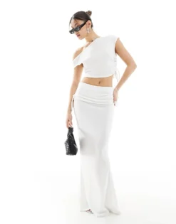 Missyempire Off Shoulder Top And Fishtail Maxi Skirt Co-ord In Ivory